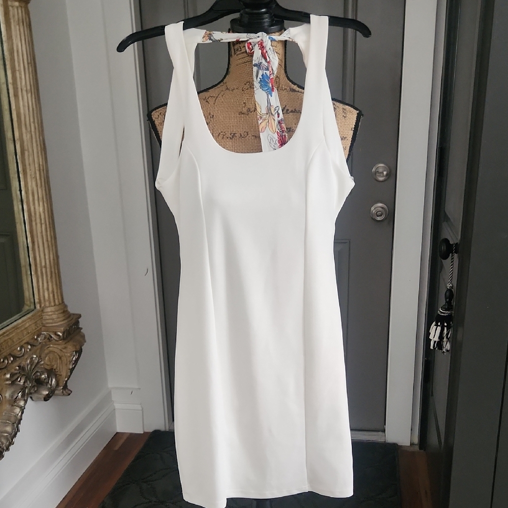 Blue Blush White Backless Dress with floral tie